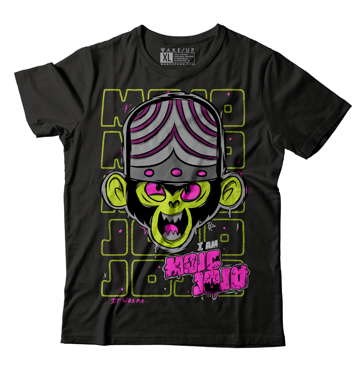 Black graphic tee featuring Mojo Jojo with fluorescent green and pink artwork that glows under black light.